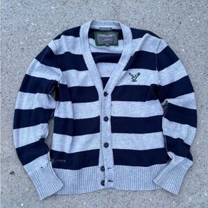 Y2K vintage American Eagle Mens Cardigan Sweater Striped Vintage Fit Gray Navy M